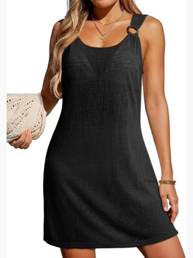 Sleeveless Sheer Swimsuit Coverup Dress Scoop Neck Side Slit Beach